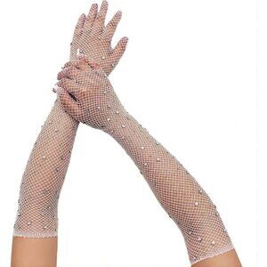 Women's A-Mesh-‌White Rhinestone Sparkly Elbow Length Gloves Halloween Costumes